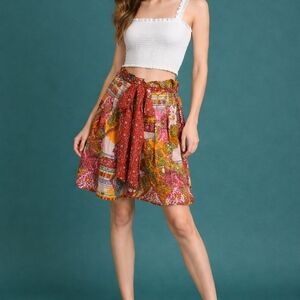 Bila Paisley Floral Patchwork Tie Waist Paperbag Gypsy Boho Petite Skirt